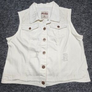 Mudd Womens Distressed Denim Vest Lace Crocheted Detail Cropped Button Down XL